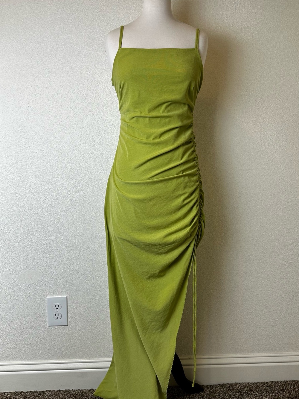Adjustable Ruched Maxi Dress in Chartreuse Green